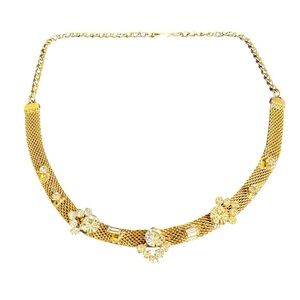 Vintage Rhinestone Choker Necklace Gold Chain Clear Crystal Mesh Collar 14.5"